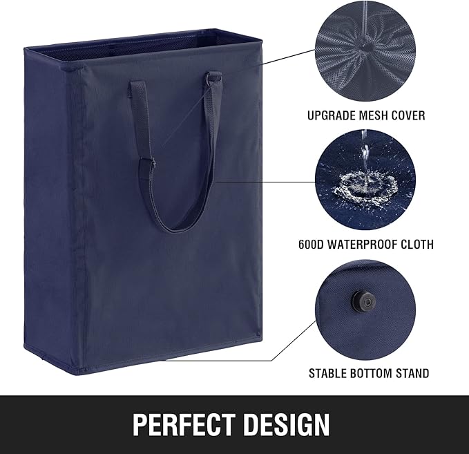 TECHMILLY Slim Laundry Hamper with Adjustable Long Handles, 45L Small Laundry Baskets with Mesh Top, Narrow Dirty Clothes Hamper for Bedroom, Closet, and Bathroom - Navy