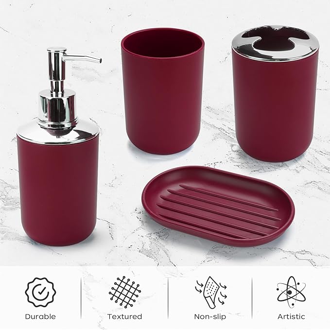 4 Pcs Burgundy Bathroom Accessories Set,Bohemian Bathroom Toothbrush Holder Set.Include Soap Dispenser, Soap Dish, Toothbrush Holder, Mouthwash Cup, Modern Bahtroom Decor Set
