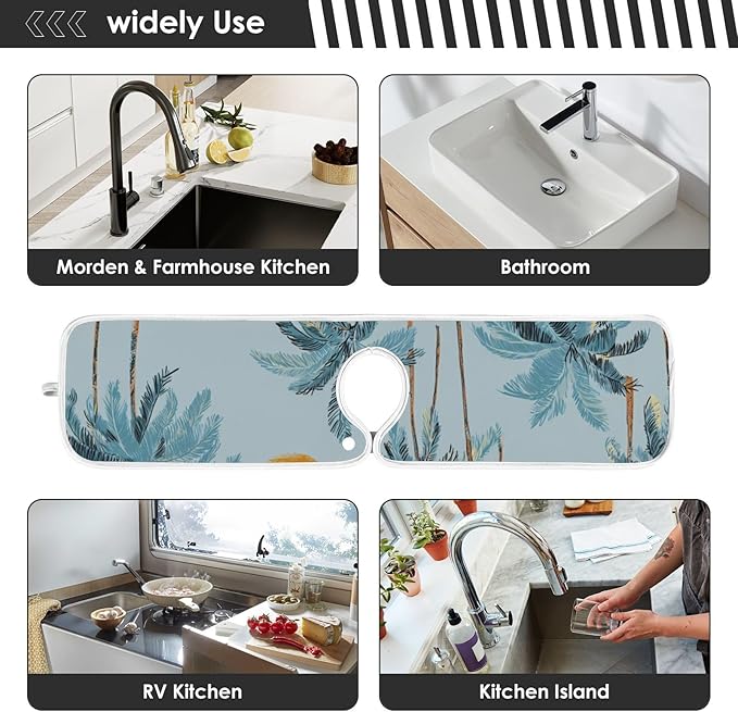 Sink Faucet Absorbing Mat Kitchen Sink Splash Guard Splash Faucet Drip Catcher for Bar RV Bathroom 2PCS 30x5.5in Blue Tropical Trees and Sun