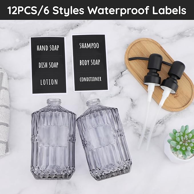 Segbeauty Glass Soap Dispenser Refillable, 2 Pack 15.2oz Modern Farmhouse Decor Pump Bottles with Labels, 450ml Western Decor Hand Soap Dispenser Set Liquid Gel Container for Bathroom Kitchen Gray