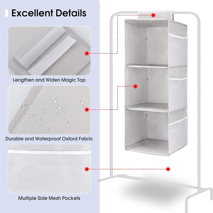 PetsHome 3-Shelf Hanging Closet Organizer, Space Saver, Closet Hanging Storage Shelves with Mesh Pockets & Magic Tap for Storage, Foldable-Grey