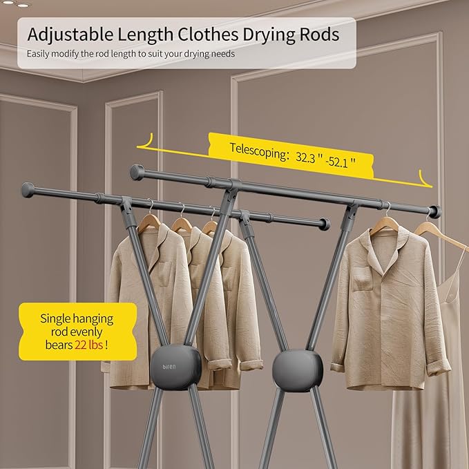 BIREN Clothes Drying Rack Heavy Duty Clothing Racks Foldable Laundry Rack Two Drying Modes Garment Racks for Drying Clothes, Adjustable Length from 32-55 Inches for Indoor Outdoor Use