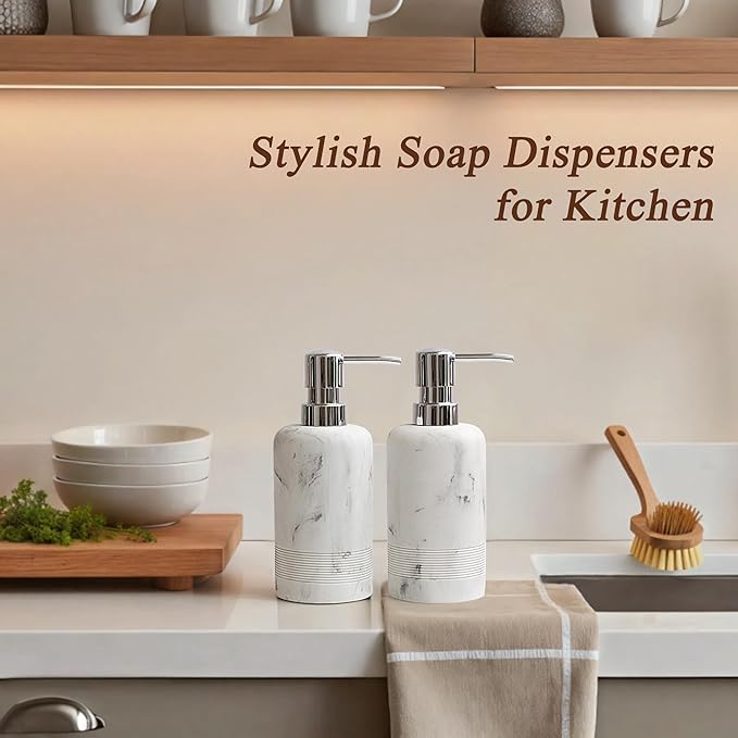 Resin Soap Dispenser Sets, 2 Pcs Heavy Lotion Dispensers,10.8oz Refillable Liquid Soap Dispensers with Rust-Proof Pump for Bathroom Countertop or Kitchen, Artificial Marble White