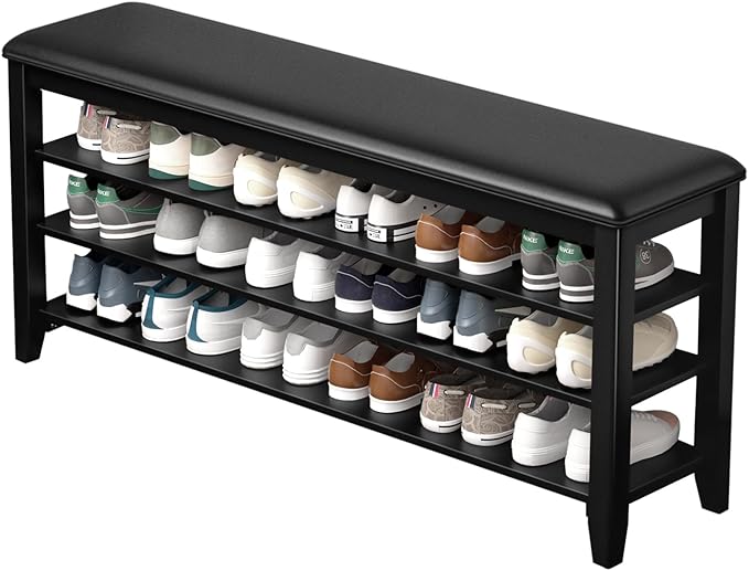 Taitiy Shoe Bench Storage Rubberwood with Leather Cushion for Entryway Bench Ideal for Hallways Shoe Rack Front Doors Entrances Mudrooms Featuring 3 Height-Adjustable and Removable Shelves