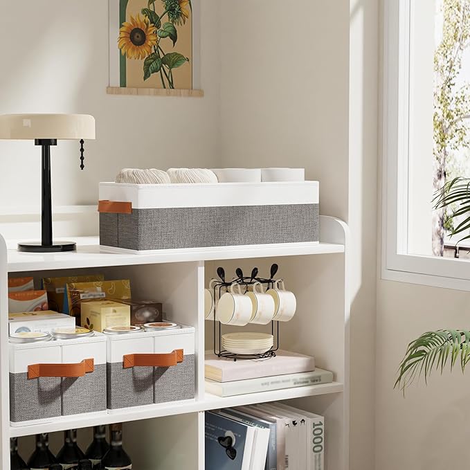 1 Pack Storage Bin, Foldable Basket for Organizing, Fabric Storage Box Container with Handles, White and Gray, 15 x 6 x 5 Inch