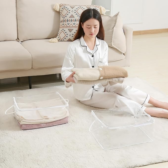 10 PCS Clear Zippered Storage Bags with Handle,Sweater Storage with Zipper,Foldable Closet Organizer Bed Sheet Organizer,Cube Plastic Organizer,Bag,Bin for Clothes,Towel-15.7 * 11.8 * 7.9