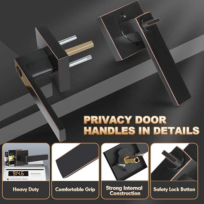 Privacy Door Levers, 2 Pack Oil Rubbed Bronze Door Handles Interior Heavy Duty Bed and Bath Keyless Door Locksets, Reversible for Left Right Handed Doors