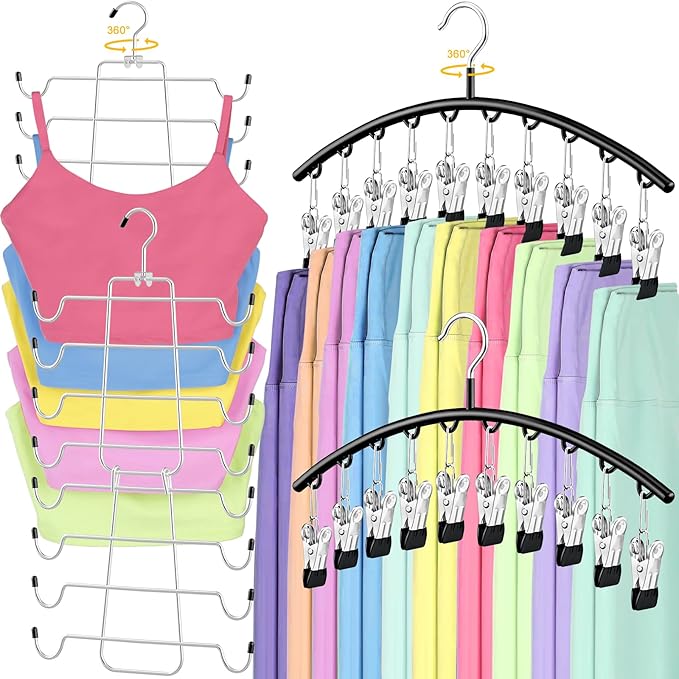 TomCare 4 Pack Space Saving Hangers，2Pack Tank Top Hanger and 2Pack Leggings Organizers for Closet Pants Hangers with 20 Clips Bra Organizers with 16 Hooks Stainless Steel Hanging Closet Organizer