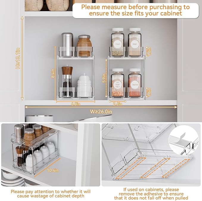 Yieach 2 Tier Sliding Spice Racks for Cabinets,1 Pack 10.4'' Deep Narrow Vertical Spice Rack Pull Out for Inside Cabinets,Kitchen,Pantry,Cupboard Seasoning,Jar Organizer and Medicine Cabinet Storage