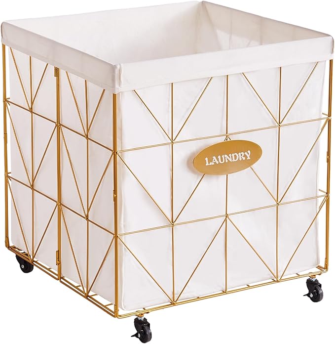 Mxfurhawa Laundry Hamper,Collapsible Laundry Basket Large Capacity Metal Laundry Hamper with Removable Liner, Rolling Wheels and Collapsible Design for Clothes Storage and Organization (210L GOLD)