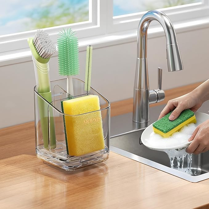 Minimalist Sponge Holder for Kitchen Sink, 3 Slots Sink Caddy with Removable Divider and Drip Tray, Clear PET Countertop Organizer to Free up Kitchen Sink Space