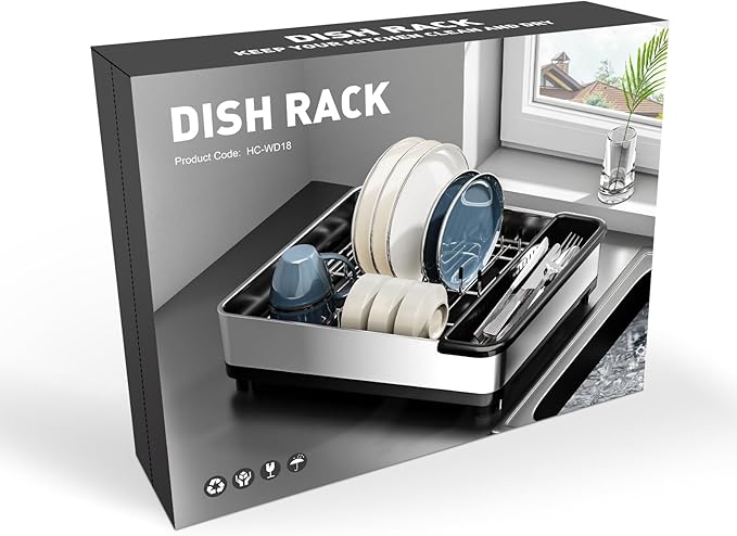 Dish Drying Rack, 304 Stainless Steel Dish Racks for Kitchen Counter, Dish Drainers with Automatic Drainage, Utensil Holder & Cups Holder, Space Saving Kitchen Organizer (1-Tier Silver)