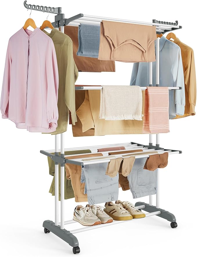 SONGMICS Clothes Drying Rack Stand 4-Tier, Foldable Laundry Drying Rack 68.1-Inch Tall, Steel, Rolling Clothes Horses Dryer Rack, Easy to Assemble, Indoor Outdoor Use, White ULLR701W01