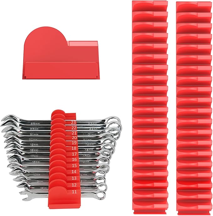 52 pcs Modular Wrench Organizers for Tool Drawers - Wrench Rack with Metric&SAE Labels, Perfect Tool Storage Holder. Gift for Father or Boyfriend.(Red)