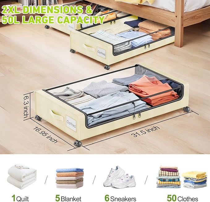 Under Bed Storage with Wheels, 2-Pack Underbed Storage Containers with Clear Lids, Under Bed Shoe Storage Organizer, Rolling Under Bed Storage for Clothes Shoes Blankets (Beige)