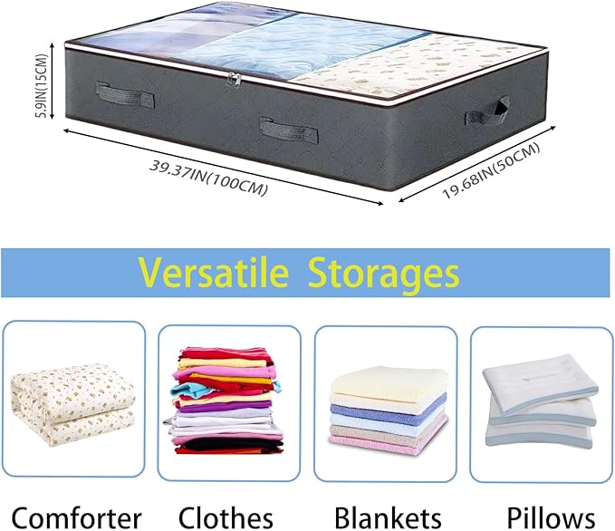 Under Bed Storage Containers, Thin Under Bed Storage Bins with Lids， Clothes Storage Bags Foldable Under Bed Storage Bins for Blankets for Blankets, Comforter, Sweaters, Pillows(Grey, 4 Pack)