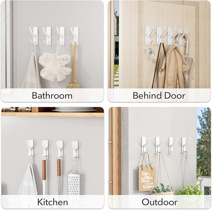 pickpiff Self Adhesive Coat Hooks for Hanging: Heavy Duty Stainless Wall Hook for Towel, Utensil, Backpack, Hat, Sturdy Metal Hanger for Bathroom, Kitchen, Door, White, 4-Pack