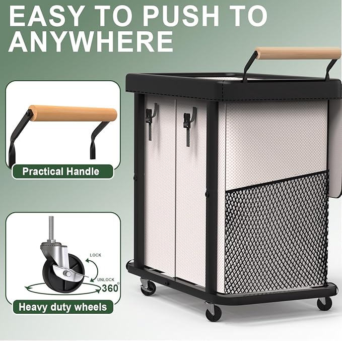190L (50 Gal) Extra Large Fashion Laundry Hamper 2 Section with Lid, Rolling Laundry Basket Hamper with Handle, Laundry Organizer Storage Cart with Sturdy Metal Frame for Laundry Room, Hotel,White