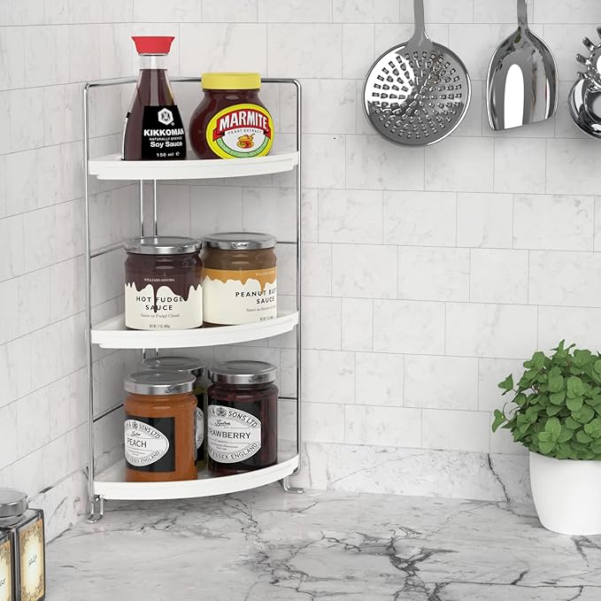 3-Tier Corner Bathroom Counter Shelf Stackable Perfume Storage Holder Makeup Countertop Organizer Standing Vanity Tray Kitchen Spice Rack,White and Silver