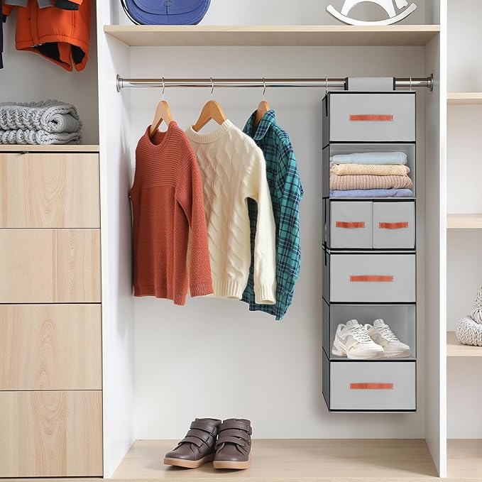 Hanging Closet Organizer 6-Shelf, Upgrade Hanging Shelves for Closet with 5 Removable Drawers & Side Pockets, Hanging Shelf Organizer for Bedroom or Garment Rack, 12.6'' x 12.6'' x 44.1'', Gray