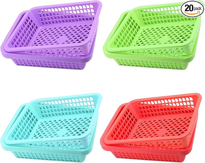 Jucoan 20 Pack Classroom Storage Baskets,10 x 7 x 2.5 Inch Colorful Stackable Desktop Plastic Storage Organizer Tray, Pen Pencil Paper Organizer Tray for School Office Library