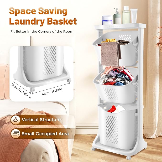 Rolling Laundry Hamper Storage Sorter, 3 Tier Rolling Laundry Hamper Cart White Laundry Baskets with Wheels for Kitchens Bathrooms Bedrooms Classrooms Laundry Rooms