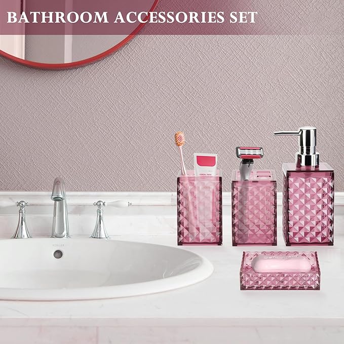 Bathroom Accessory Set, Grid Pattern 4 Pcs Plastic Bathroom Set Include Soap Dispenser, Soap Dish, Toothbrush Holder, Mousewash Cup, Modern Bahtroom Décor Set(Burgundy)
