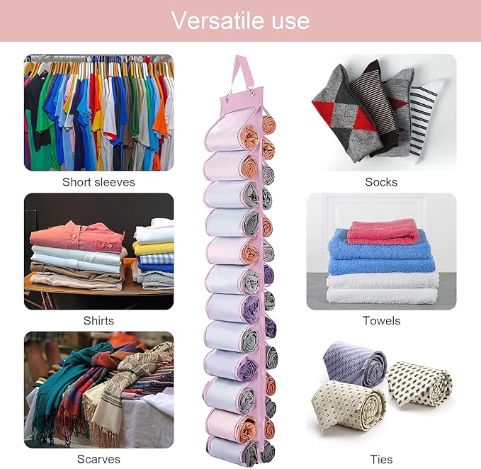Legging Organizer Storage, 2PCS T Shirt Organizer, Foldable Hanging Closet Organizer Storage with 26 Roll Independent Compartments for Yoga Pants, Tank Top, Towel, Underwear (Pink)