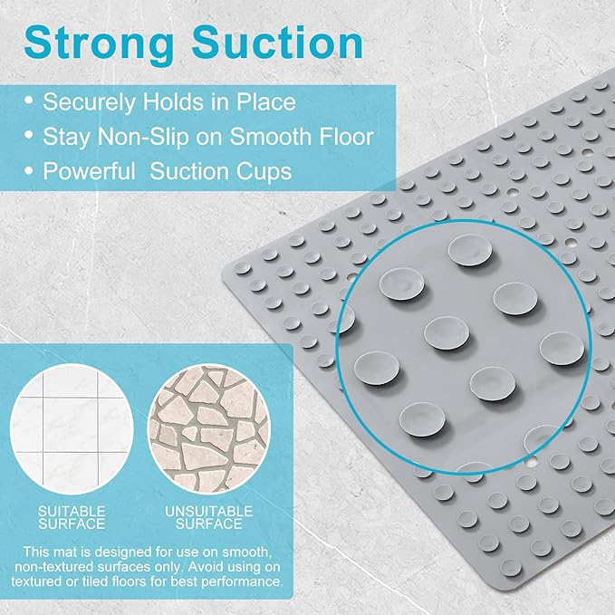 Webos Non-Slip Bath Mat for Tub & Shower：Silicone Foldable Bathtub Mat with Strong Suction Cups, Quick Drain Holes, Machine Washable Extra Large Bathroom Mats 35.8" x 17.7", Grey