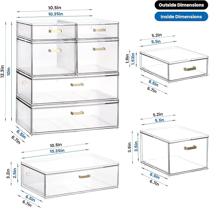 Stackable Storage Drawers, 6 Pack Clear Acrylic Organizer Bins with Golden Handles, Multi-Size Plastic Drawers for Makeup, Vanity, Kitchen, Bathroom, Office, Under Sink & Cabinet Organizatio