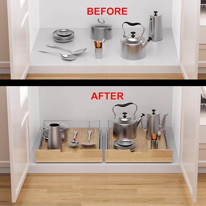 Sikarou Pull Out Cabinet Organizer,Heavy-Duty Slide Out Shelf, Wood And Wire Basket, Pull Out Drawer for for Kitchen Under Sink Space, Pantry, Bathroom (26 * 21 WM)