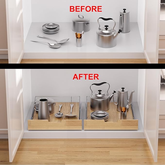 Sikarou Pull Out Cabinet Organizer,Heavy-Duty Slide Out Shelf, Wood And Wire Basket, Pull Out Drawer for for Kitchen Under Sink Space, Pantry, Bathroom (20 * 21 WM)