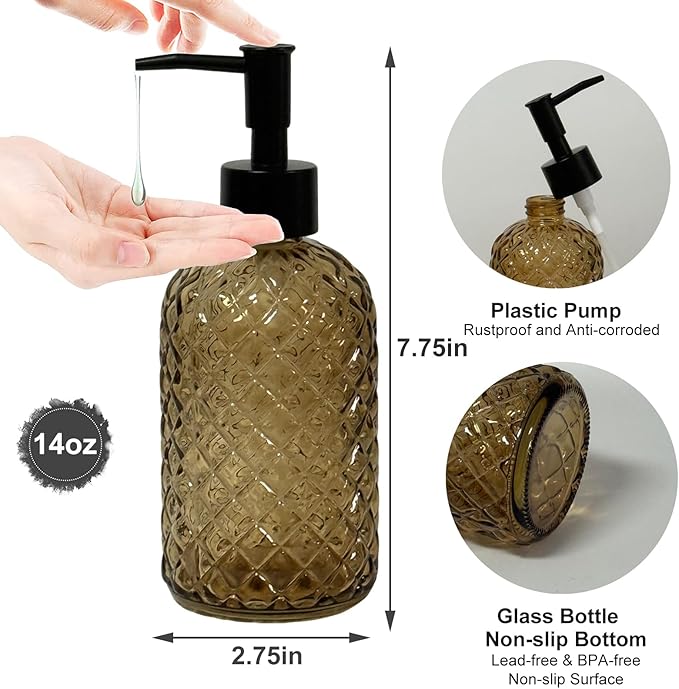 Brown Glass Dish Soap Dispenser for Kitchen, 13.5oz Refillable Liquid Hand Soap Dispenser Set, Crystal Lotion Bottle for Modern Home Decor, Bathroom Countertop, Hotel