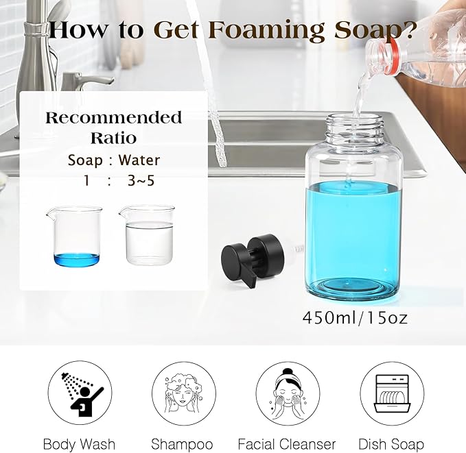 Luxspire Foaming Soap Dispenser, Non-Slip Hand Soap Dispenser with Fast Drying Tray, 15oz Glass Refillable Liquid Bottle for Bathroom & Kitchen, 2 Pack, Transparent + Dark Gray