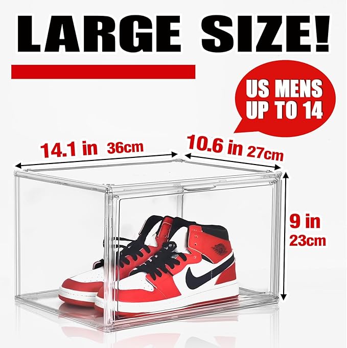 4 Pack Clear Shoe Storage Boxes Stackable Shoes Organizer Acylic Boots Sneaker Display Case with Magnetic Lid,Size14