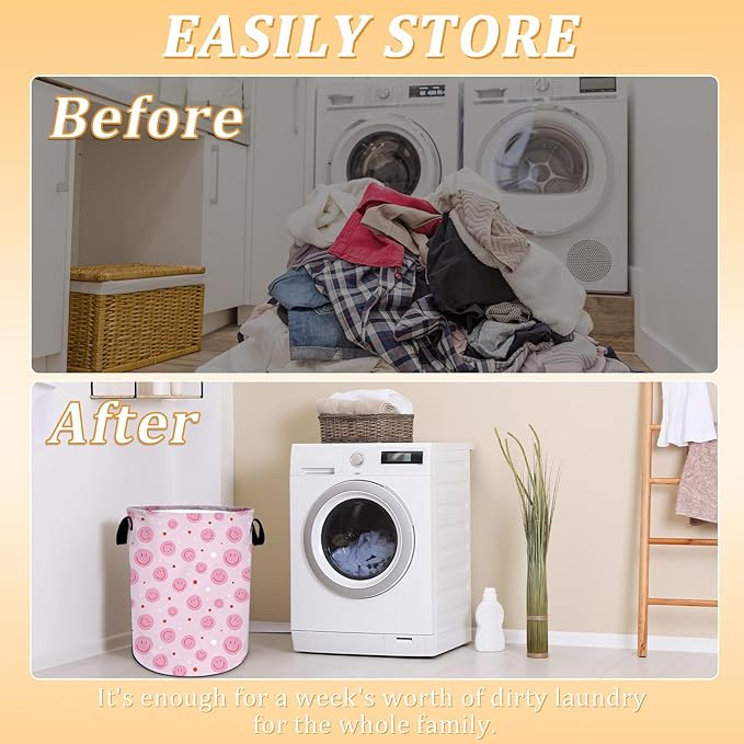 Pink Laundry Basket, Boho Laundry Hamper Foldable Waterproof Oxford Cloth Funny Tote Bag Dirty Clothes Storage Bucket Toy Organizer for Bathroom/Laundry/Bedroom 15.7"x 19.6"