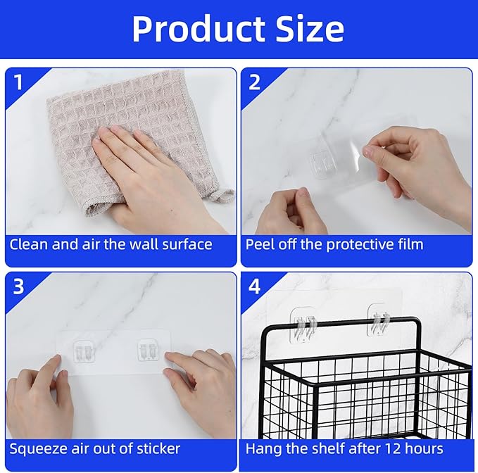 CIATBYYJ 8Pcs Shower Caddy Adhesive Hooks, Clear Strong Shower Adhesive Strips, No Drilling Waterproof Wall Hooks for Corner Showers Caddy, Bathroom Storage Shelves and Kitchen Racks 6×14 CM