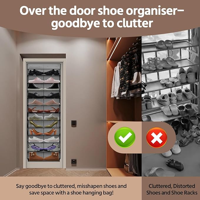 PAULONE 12 Pocket Over the Door Shoe Organizer,Reusable Breathable Large Mesh Bag Men's & Women's Sneaker Organizer,Shoe Organizer for Kids,Hanging Shoe Storage Hanging Bag (Gray)