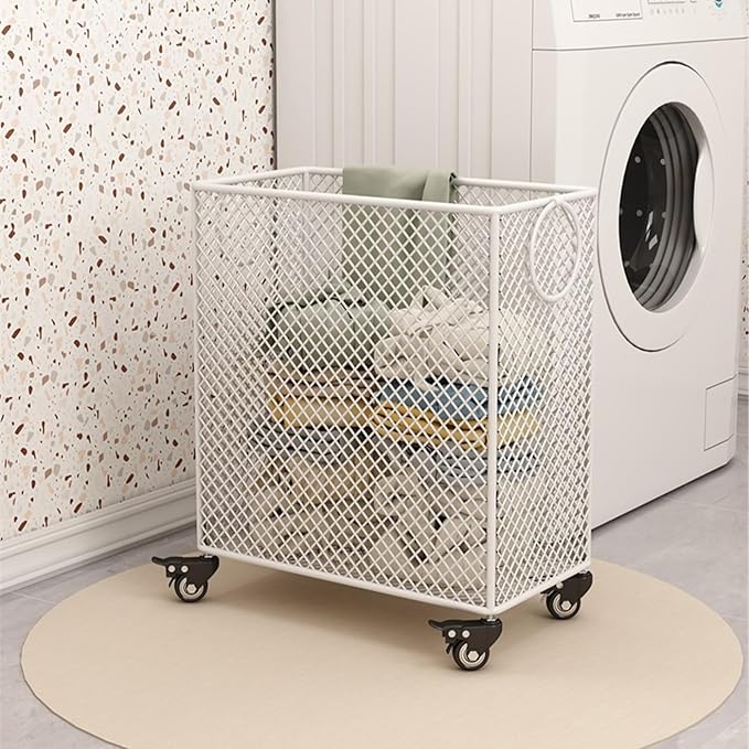 White Metal Laundry Basket with Wheels, Rolling Laundry Hamper Cart Mesh Laundry Storage Cart Organizer Clothes Sorter Shelf Basket Durable for Laundry Room