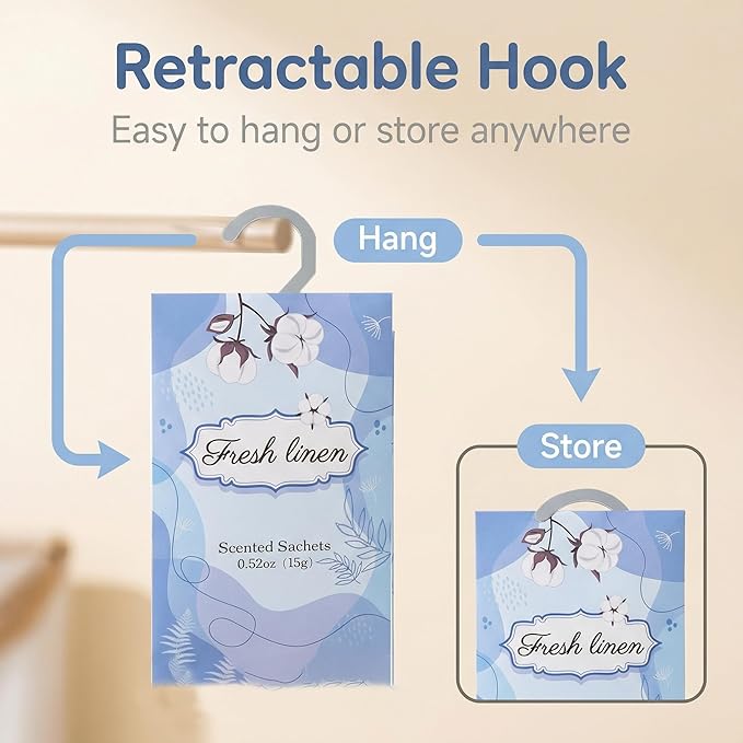 12 Packs Fresh Linen Hanging Scented Sachets for Drawers and Closets with Retractable Hook| Long-Lasting Closet Air Freshener & Closet Deodorizer | Closet Scent Freshener (Fresh Linen)