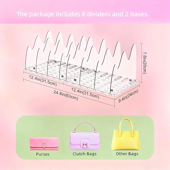 ANTOWIN 2 Pack Clear Purse Organizers for Closet, Adjustable Shelf Divider, Handbag Separators Storage Organizer, Shelf Divider in Bedroom, Office, Kitchen