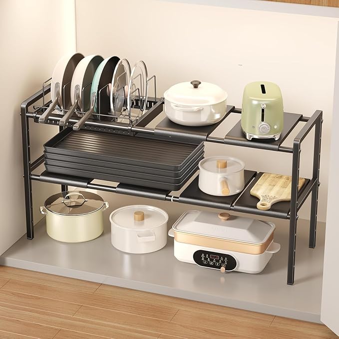 Pots and Pans Organizer Under Cabinet, Expandable 2 Tier Under Sink Organizers and Storage Adjustable Height Kitchen Pot and Pan Lid Holder Rack with 6 Dividers(6panels,1 Pot rack, Black)