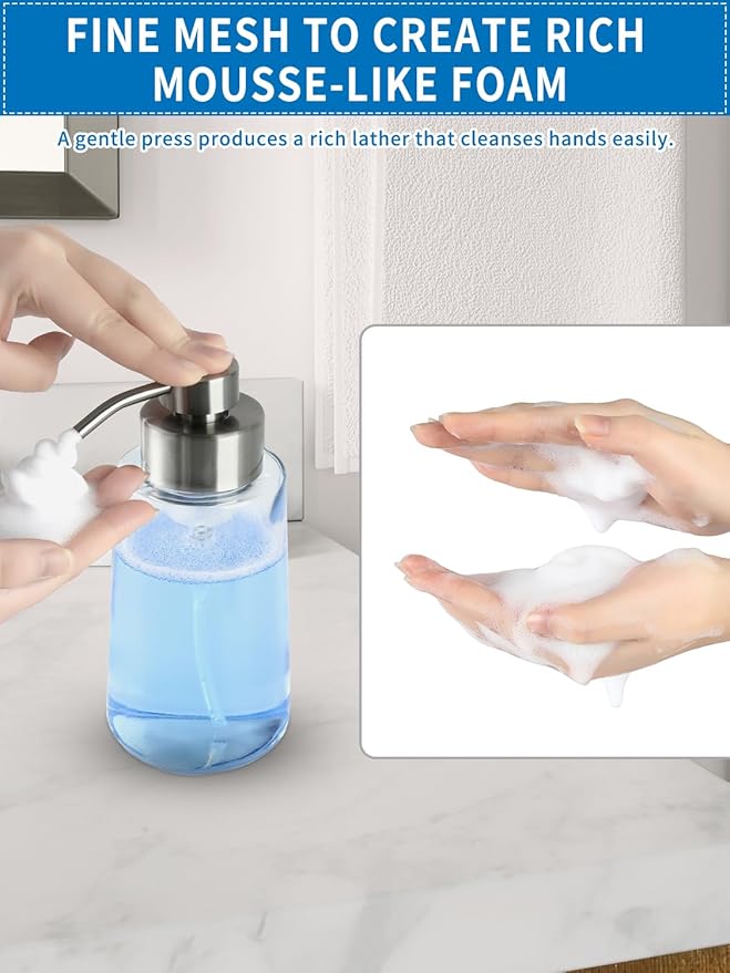 Doiliese Foaming Hand Soap Dispenser Set, 16 oz Large Glass Soap Dispenser, Foam Dispenser with Stainless Steel Pump & Waterproof Labels, Refillable Soap Bottles for Bathroom Countertop, 2 in 1