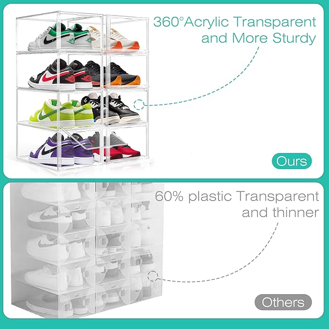 1 Pack Drop-Front Clear Shoe Storage Box Acrylic Box Shoe Organizer Size 13, Stackable Shoe Tower with Magnetic Door Large Storage Bins for Sneaker Containers Display & Closet Organization
