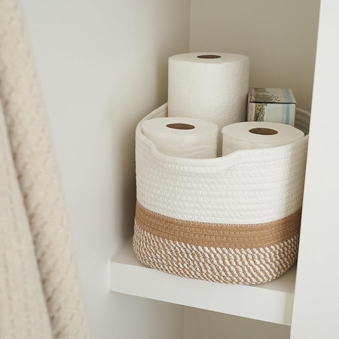 Stylish Cotton Rope Storage Basket For Dog Toys, Magazines or Books - The Perfect Woven Bin with Handles For Everyday Organization Reduces Clutter in Your Rooms - A Decorative Gift & Storage Box