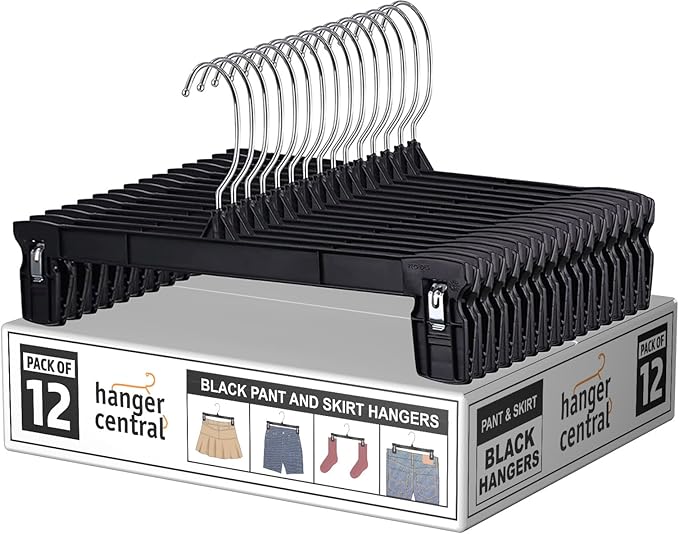 Hanger Central 12 Pack Pants Hangers – 12 Inch Slim Plastic Clothes Hangers with Clips for Skirts, Pants, Shorts – Space Saving Heavy Duty Closet Organizer with Non Slip Grip & Swivel Hook – Black