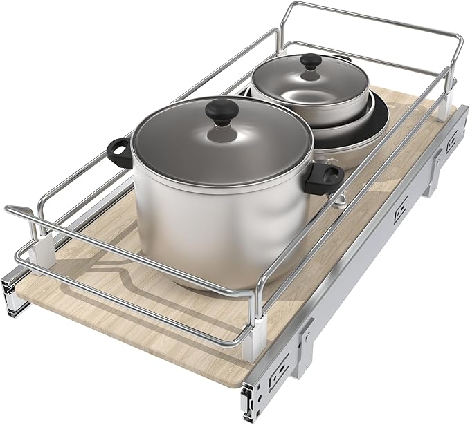 Pull Out Cabinet Organizer 11" W X 22" D, Slide Out Drawers For Kitchen Organizers and Storage, Pull Out Drawers For Cabinets Capacity Heavy Duty Caddy, Cabinet Shelves Wood Chrome, Pantry Storage