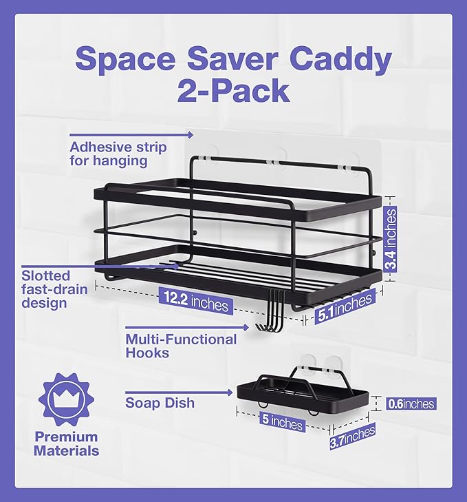 KINCMAX Premium Shower Caddy - Self Adhesive Shower Shelf with 4 Hooks - No Drill Large Capacity Stainless Steel Rack - Aesthetic Organizer for Bathroom Wall Decor - Black