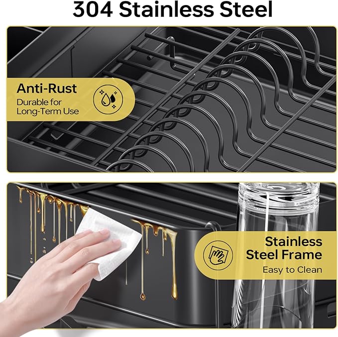Dish Drying Rack for Kitchen Counter, 304 Stainless Steel Dish Rack, Expandable Dish Drainer, Foldable Dish Strainer with Cutlery Holder, Kitchen Plate Rack (Black, Large Size)
