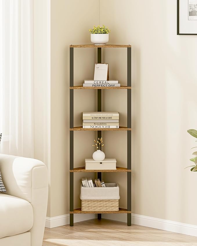 TUTOTAK Corner Shelf, 5-Tier Corner Bookshelf for Small Space, Narrow Display Corner Shelf Stand with Storage Rack, for Living Room, Bedroom, Rustic Brown BS05BB005